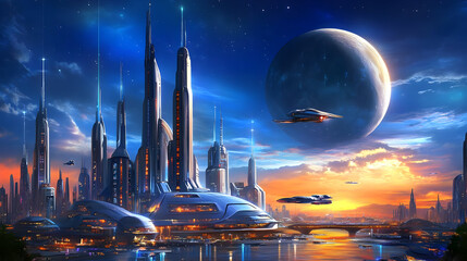 Canvas Print - A futuristic cityscape with tall buildings, advanced vehicles, and a large planet in the sky.