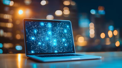 Wall Mural - A laptop showcasing a digital universe on its screen, surrounded by vibrant city lights at night, symbolizing technology and innovation.