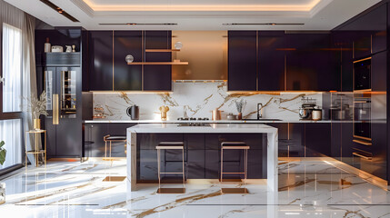 Poster - A contemporary, chic kitchen featuring stylish black and white cabinets, golden fixtures and marble tiles