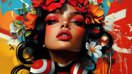 Sticker - A vibrant portrait of a woman adorned with flowers, showcasing bold colors and artistic expression.