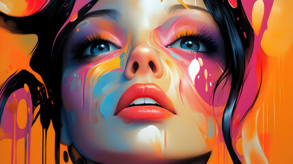 Poster - A vibrant portrait of a woman with colorful paint splashes, emphasizing artistic expression.