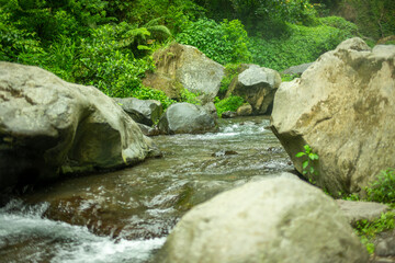 Flowing river water movement between mountain rocks in close-up. beautiful mountain river flow scene with fast flowing water and pebbles. rapid current Flowing river water in beautiful scenery.