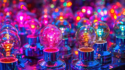 Poster - Flickering multicolored light bulbs create an abstract, chaotic landscape of vibrant colors against a dark setting