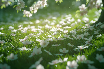 Sticker - White flowers falling from a tree onto green grass, with sunbeams shining through the leaves.