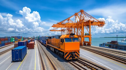 Vibrant orange train navigating through a busy port, surrounded by colorful containers and under a blue sky with fluffy clouds.