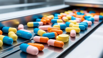 capsules on conveyor belt at pharmaceutical plant. pharmaceutical industry concept background.