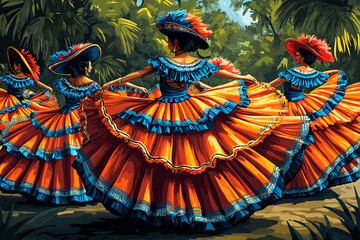 Vibrant illustration of a Mexican folk dance (jarabe tapatio) with swirling skirts.