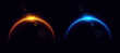 © Likanaris - Planet eclipse, glowing flare on the horizon, sunrise over the globe. Crescent planet edge. Vector illustration