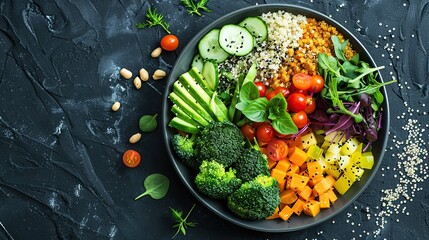 Salad food dinner lunch healthy dieting vegetarian vegetable meal fresh green eating vegan organic detox appetizer quinoa breakfast bowl plate broccoli background.