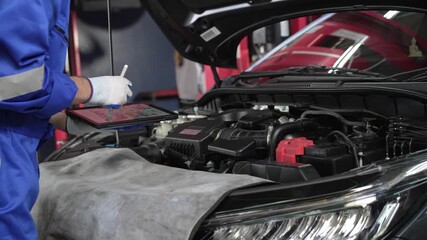 Wall Mural - Mechanic checking and writing on digital tablet of the car repairing checklist at auto repair shop. After service concept