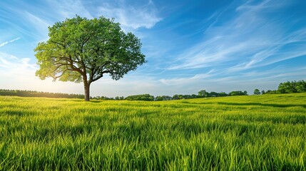 Tree nature grass summer green meadow sky blue field landscape environment. copy space for text.