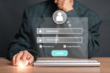 A modern login interface concept with username and password fields, featuring a person interacting with a virtual screen.