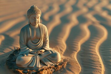 A serene Buddha statue meditating on a tranquil sand dune