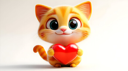 Wall Mural - A cute cartoon kitten holding a red heart, expressing love and affection.