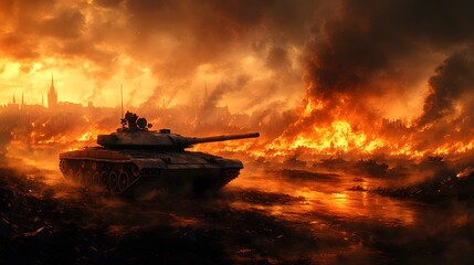 Wall Mural - Tank in the City on Fire.