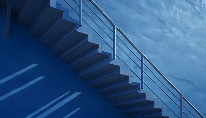 Canvas Print - Abstract minimalist architectural image of a blue concrete wall and a stairwell with a metal railing.