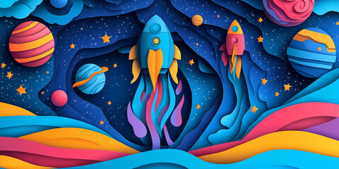 Aufkleber - Paper cut style rockets launching from colorful abstract planet surface