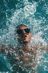 Man Swimming in Pool with Sunglasses