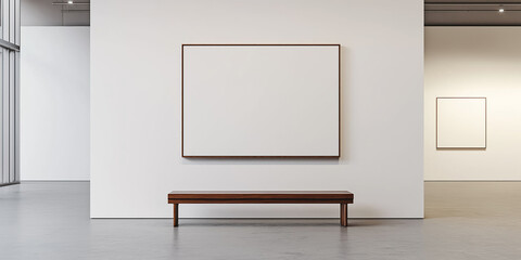 Poster - Big empty frame hanging on white wall of art gallery with bench