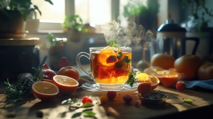 Wall Mural - Warm and Aromatic Tea with Citrus Fruits