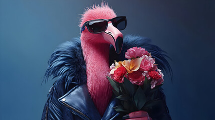 Canvas Print - A stylish flamingo wearing sunglasses holds a bouquet of flowers, exuding a chic vibe.