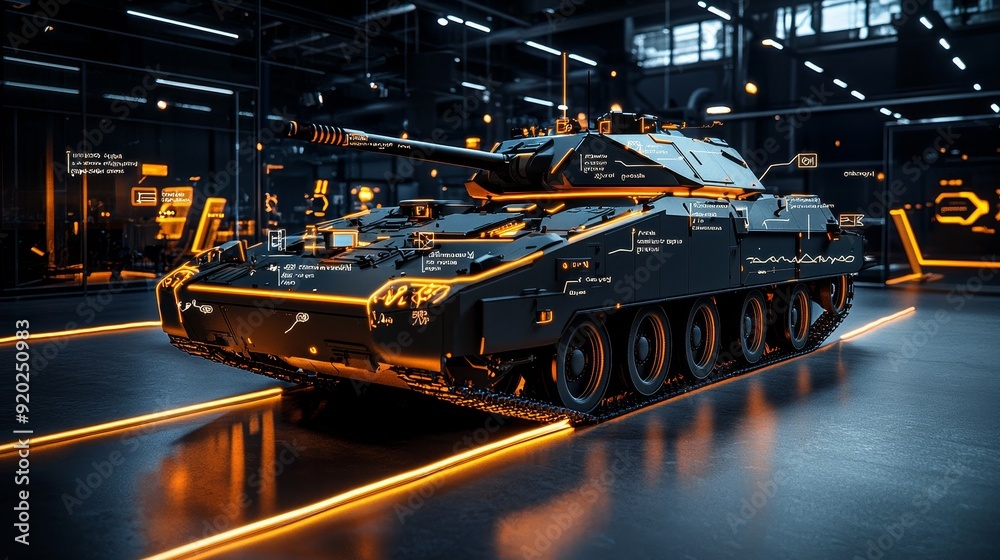 A 3D model of a tank shown in a design studio, with annotations detailing its features and innovations