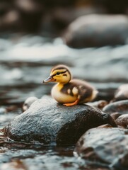 Canvas Print - Duck perched on river rock