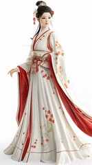 Adorable 3D character of a beautiful woman in traditional Hanfu, set against a white background, showcasing her Asian heritage. This charming design captures the playful essence of cultural attire, ma