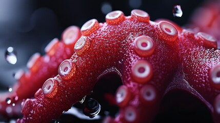 Wall Mural -  A red flower with dewdrops and a black backdrop Close-up with blurred background