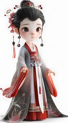 Adorable 3D character of a beautiful woman in traditional Hanfu, set against a white background, showcasing her Asian heritage. This charming design captures the playful essence of cultural attire, ma