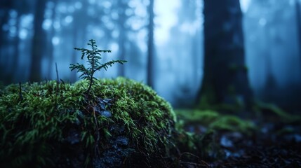 Wall Mural -  A moss-covered rock in the forest center bears a small plant atop