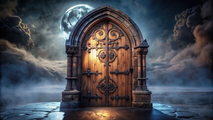 Eerie, ornate Gothic-style door with intricate carvings and rusted hinges stands isolated against a misty, moonlit background, evoking mystery and ancient secrets.