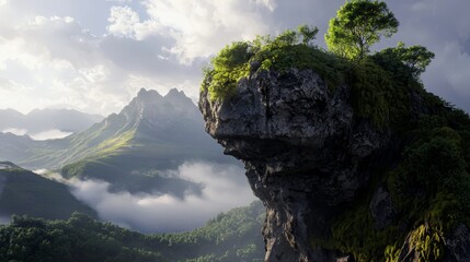 Poster -  A cliff topped by a solitary tree, situated in a valley's heart, encircled by mountains and dotted with clouds in the backdrop