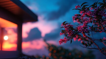 a tree blooming with purple flowers in the foreground, ending with a red light at its base