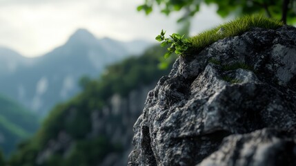  A tight shot of a rock featuring a tiny plant sprouting from its peak, with towering mountains as the backdrop