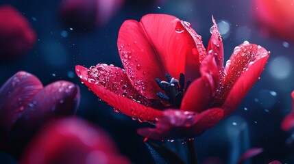 Petals splashed with red, dotted with clear water droplets; background shrouded in deep