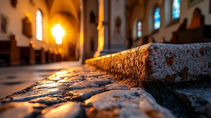 Canvas Print -  A stone bench lies before a church, stained glass windows adorning its sides