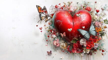 Wall Mural -  Heart amidst blooms and fluttering wings