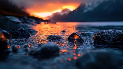 Wall Mural -  A serene body of water dotted with rocks, surrounded by a breathtaking sunset, and distant mountains silhouetted against the sky