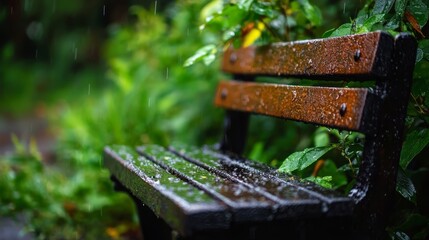 a wooden bench sits in a verdant forest, dotted with green plants raindrops patter on a rainy day