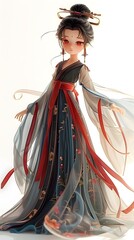 Adorable 3D character of a beautiful woman in traditional Hanfu, set against a white background, showcasing her Asian heritage. This charming design captures the playful essence of cultural attire, ma