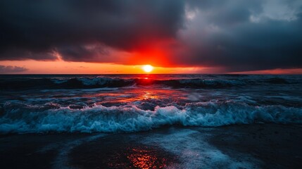 Wall Mural - a wave approaches the shore as the sun sets in the distance