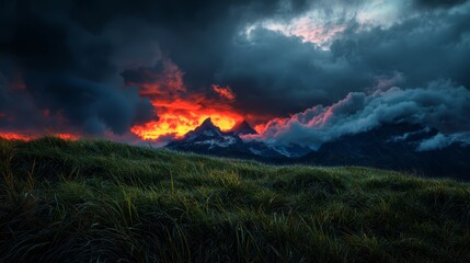 Wall Mural -  A grassy field beneath a mountaineous backdrop, sunset's reddened and oranged hue suffusing a cloud-specked sky at a distance