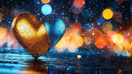   A heart-shaped ornament sits atop a damp ground, lit by a book of warm, radiant light