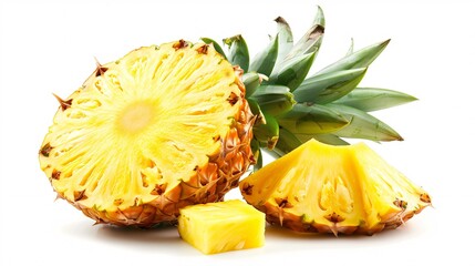 1. Close-up of a whole fresh pineapple with several juicy slices, displayed on a clean white background, highlighting the fruit's vibrant colors and textures