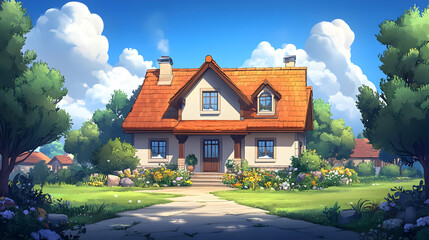 Canvas Print - A charming cottage surrounded by vibrant flowers and greenery under a blue sky.