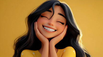 Poster - A cheerful animated character with long hair smiling brightly against a yellow background.