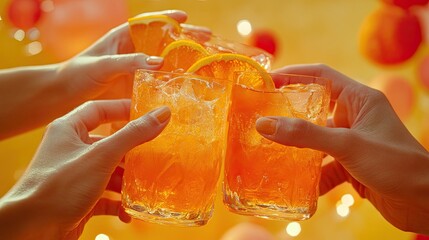 A close-up of hands clinking orange drinks in celebration of Kings Day, with a festive background.