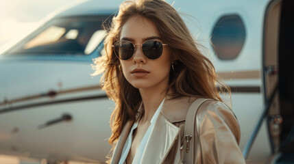 Wall Mural - A woman wearing sunglasses and a jacket stands in front of a plane