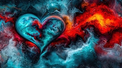 Wall Mural -   A stunning depiction of a heart amidst vibrant blue, red, and orange hues on a dark canvas backdrop